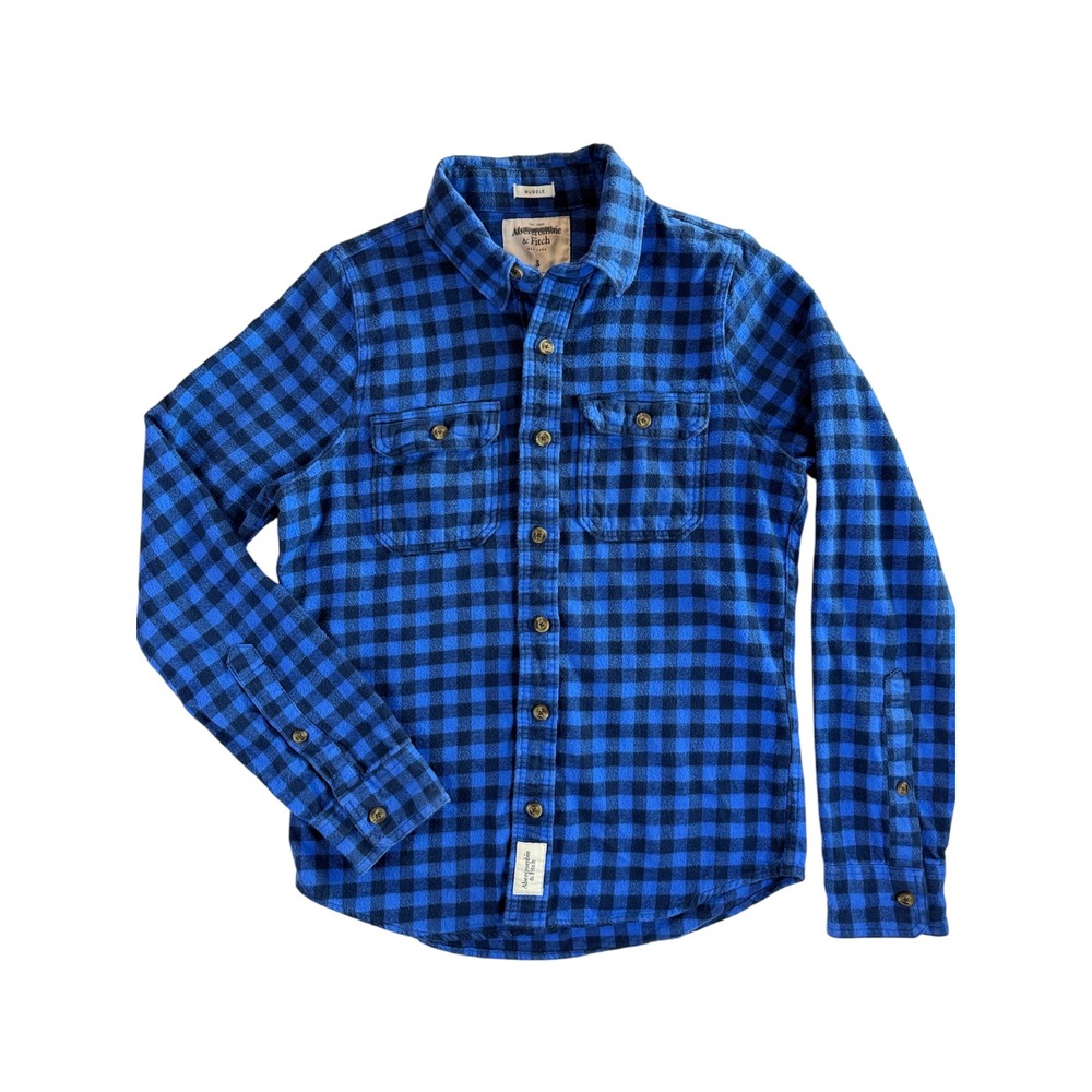 Abercrombie‎ & Fitch Flannel Shirt Mens Small Blue Buffalo Plaid Muscle Fit